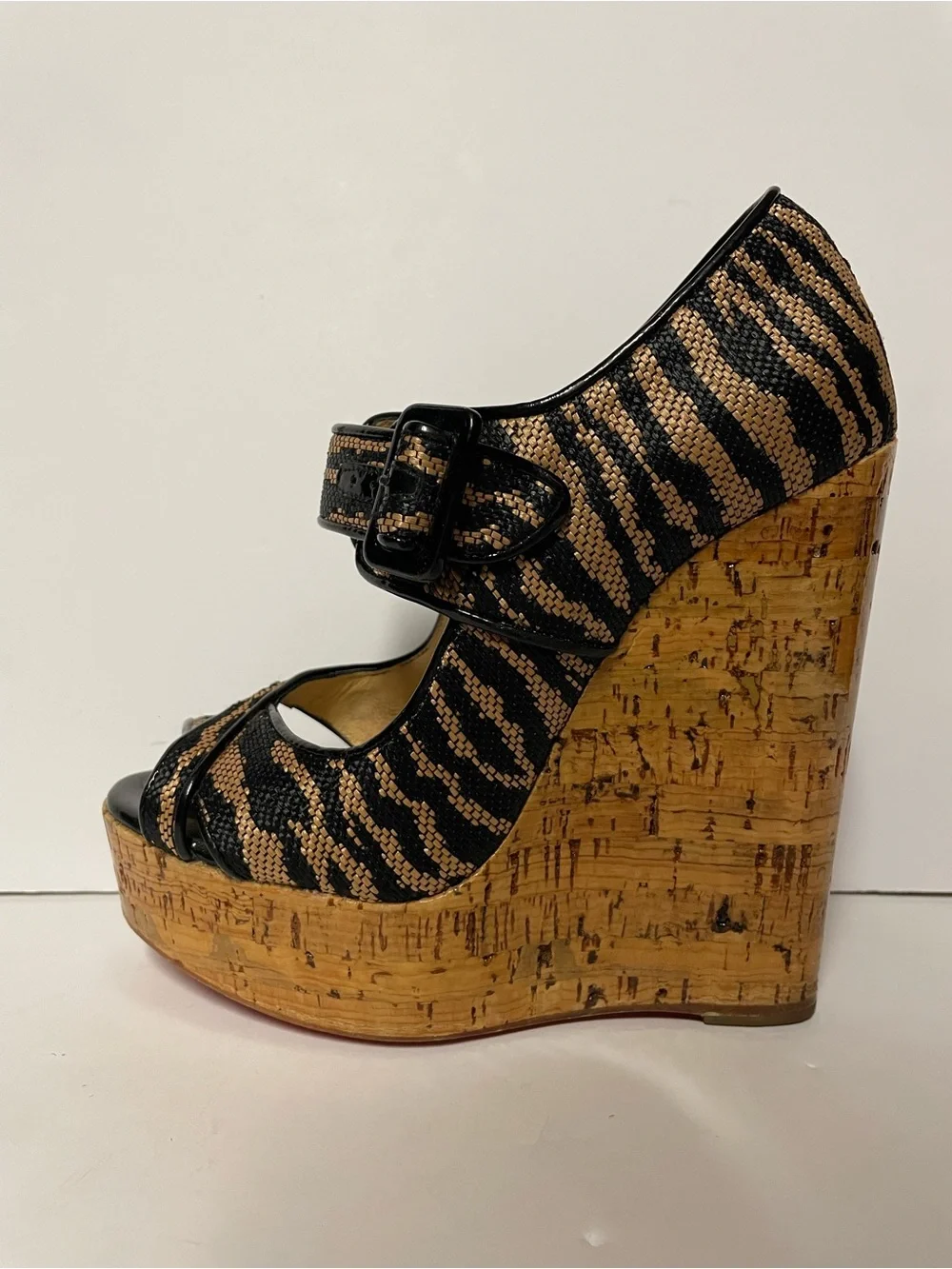 Christian Louboutin Black and Tan Zebra Cork Wedge Mary Jane Pumps 36